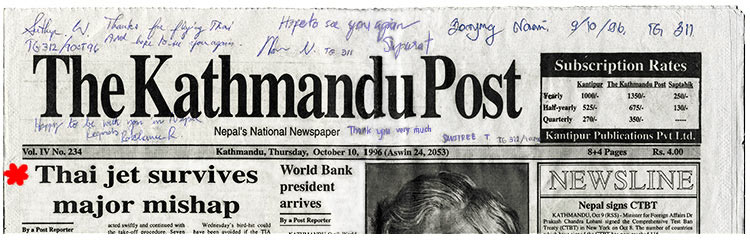 Front page news: Thai jet survives major mishap - a bird strike